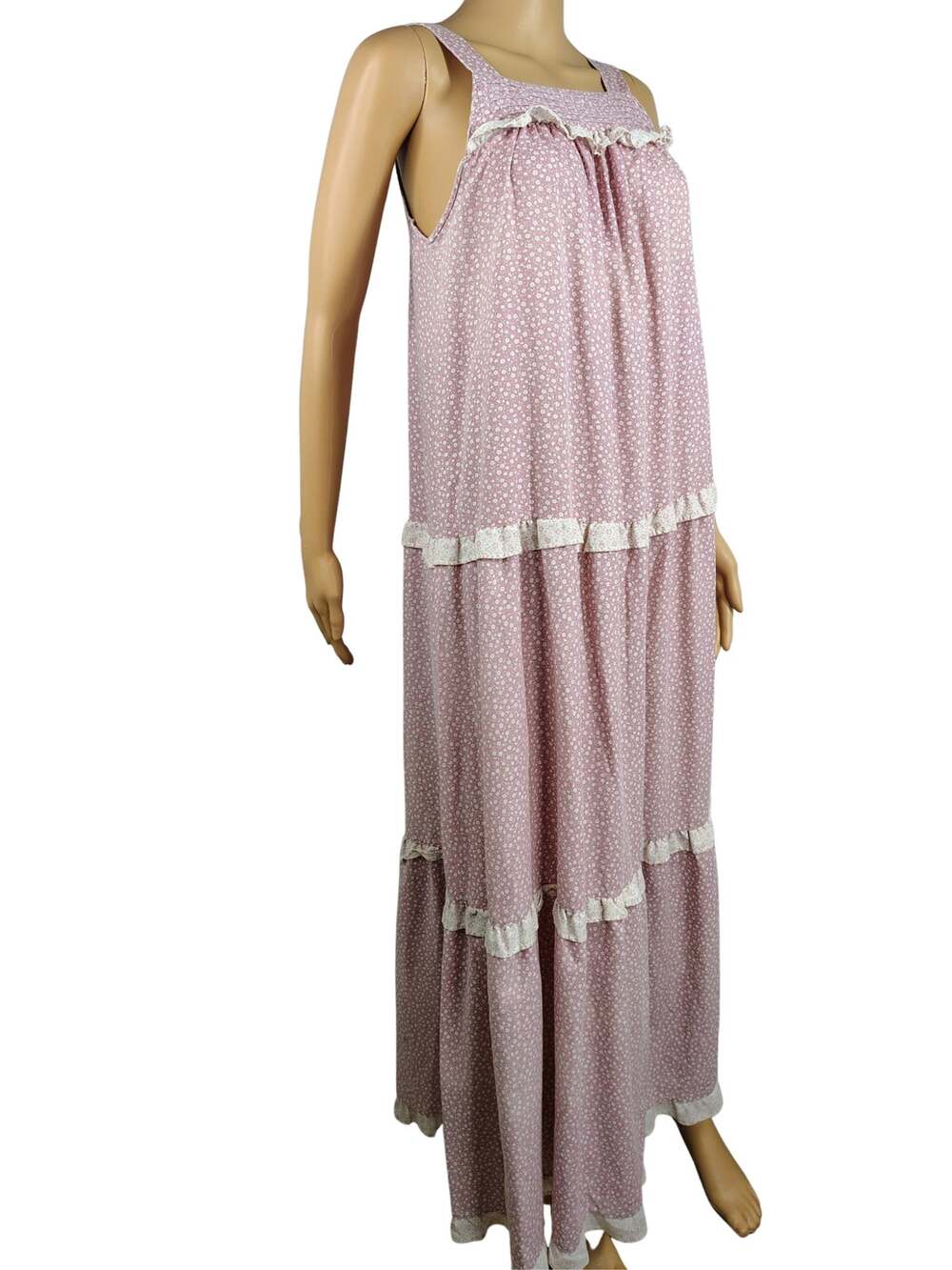 Vintage 70s Pink Floral Tiered Maxi Dress Muumuu Boho Coastal Vibes Cottage Chic
